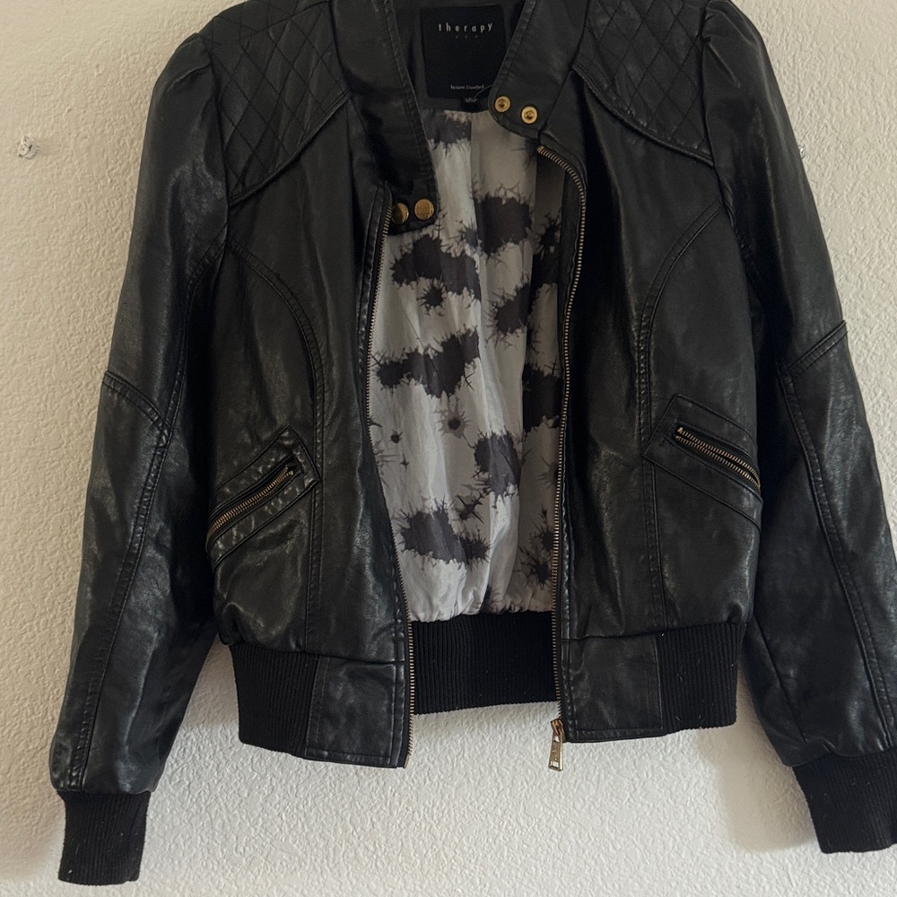 Therapy Quilted Faux Black Leather Bomber Jacket